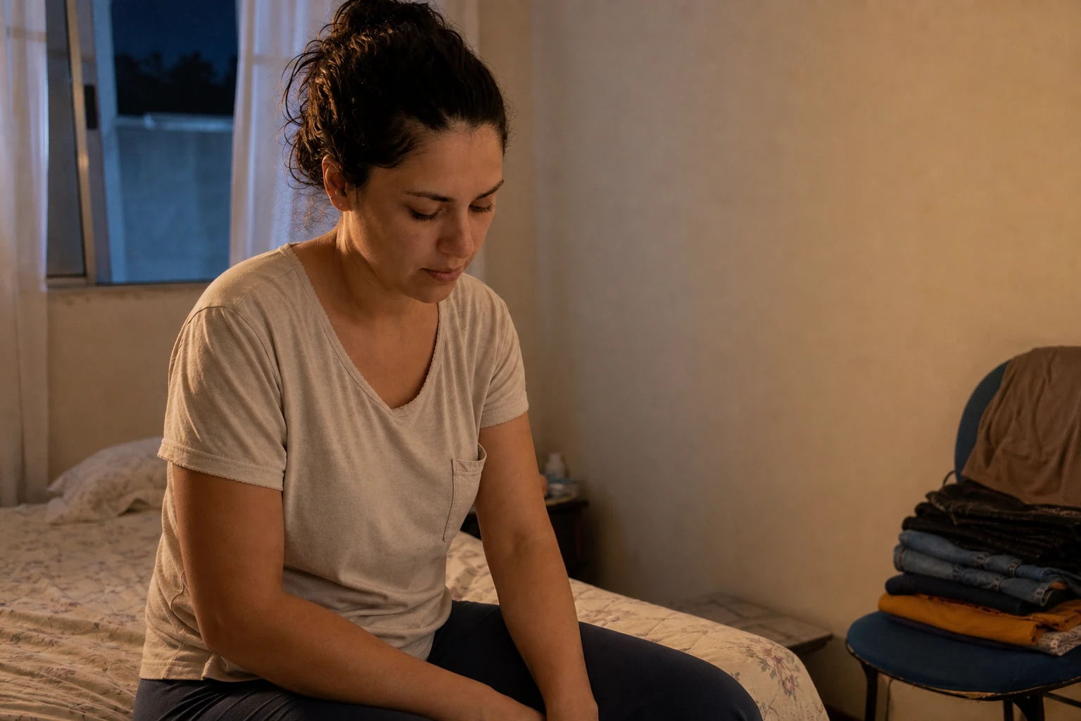 Mulher sentada na cama no fim do dia, cansada