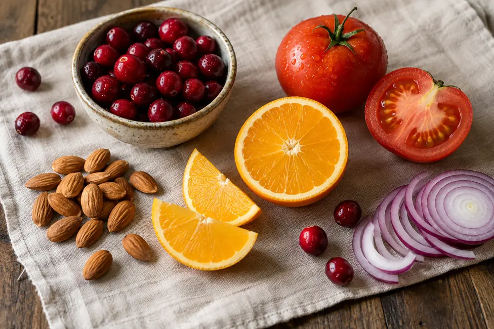 Cranberries, laranja, tomate, amêndoas e cebola roxa sobre uma toalha de linho