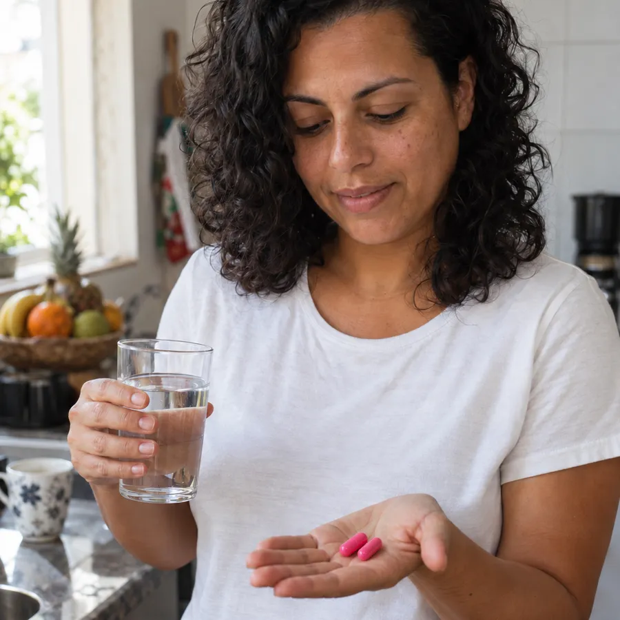 Mulher na cozinha com um copo de água e duas cápsulas rosa de CandiStop na palma da mão